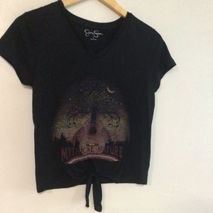 Jessica Simpson tie front tie shirt  black with guitar design on front size s
